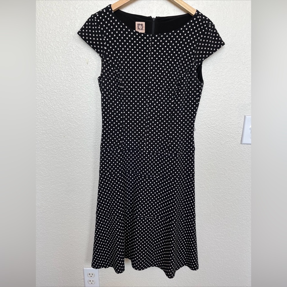 Anne Klein Womens Black White Polka Dot Stretch Cap Sleeve Midi Tier Sz 8 Dress